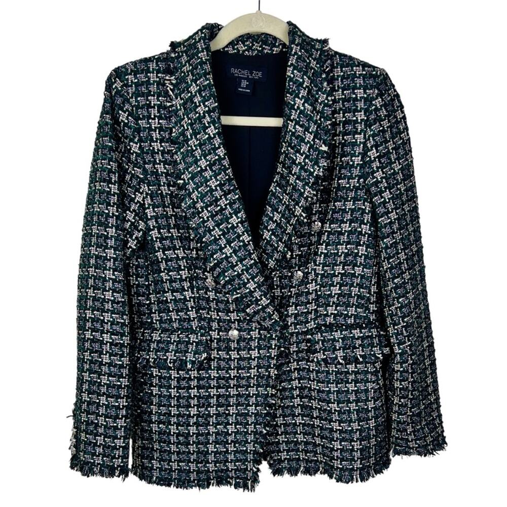 Rachel Zoe Green Metallic Plaid Tweed Double Breasted Blazer M Holiday Festive - Picture 2 of 9